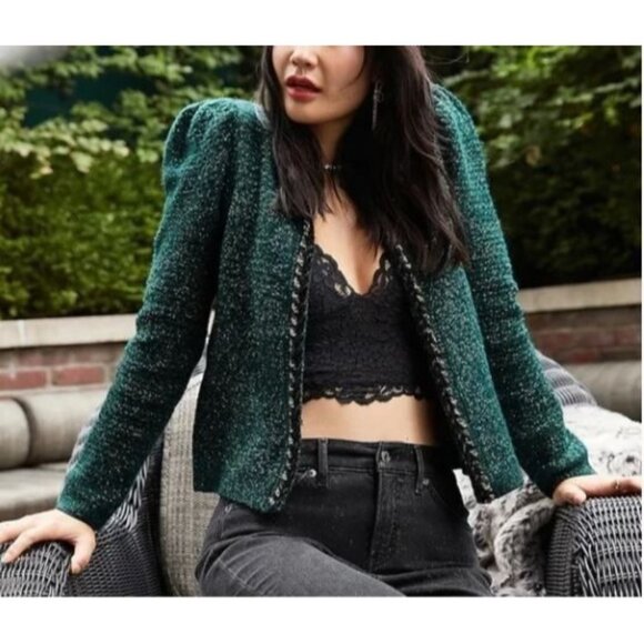 Express Sweaters - Express Cardigan Sweater Womens Medium Green Glitter Puffy Sleeve Cottagecore